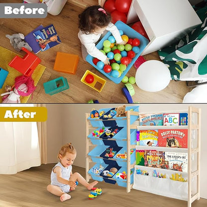 Toy Storage Organizer with Bookshelf - 12 Storage Bins 4-Tier Multipurpose Shelf to Organize Toys and Books for Kids Room, Playroom, Nursery Room, Blue