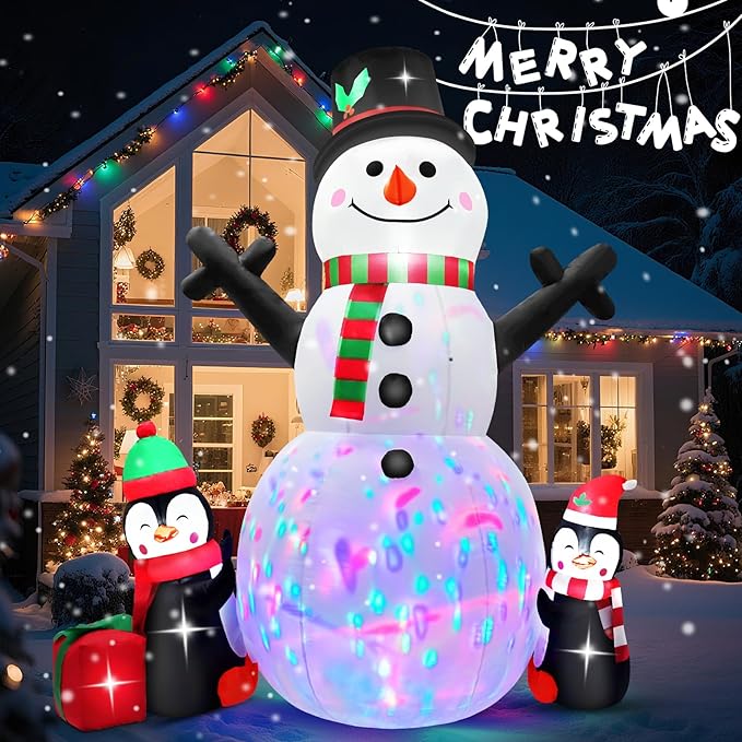 6 FT Christmas Inflatable Snowman Outdoor Decoration with Build-in Multicolor LEDs, Snowman with 2 Penguins Gift Blow Up Inflatables Christmas for Yard Garden Lawn Xmas Holiday Decor