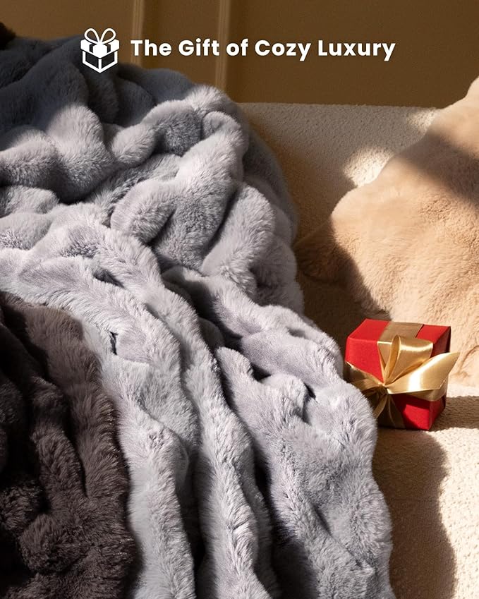 Ultra Soft Cozy Faux Fur Throw Blanket, Fuzzy Plush Thick Bubble Blanket, Oversize Luxury Fluffy Blanket for Couch, Bed, and Living Room, 50x60 Inches, Light Grey