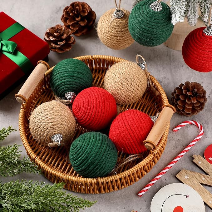 Syhood 9 Pcs 2.36 Inch Christmas Ball Ornaments Boho Farmhouse Jute Rope Hanging Balls Burlap Neutral Rustic Ornaments for Xmas Tree Holiday Wreath Garland Wedding Home(Red, Green, Natural Color)
