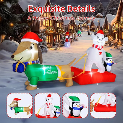 8FT Long Christmas Inflatable Dog Sled with Polar Bear & Penguin, LEDs Lighted Blow Up Outdoor Decoration for Xmas, Weiner Dog Sleigh Décor for Indoor Garden Yard Lawn Party Patio