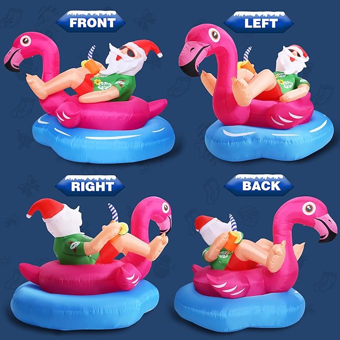 8 FT Hawaiian Santa on Flamingo Pool Float Christmas Inflatables Outdoor Decorations, Christmas Blow Up Santa Claus Yard Decorations for Garden Lawn Xmas Decor
