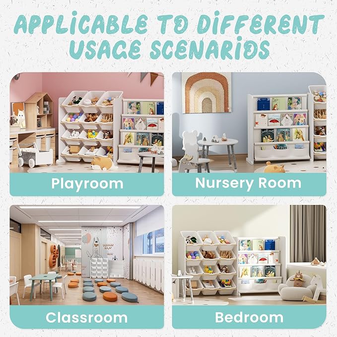 Kids Toy Storage Organizer - Toy Storage with Kids Bookshelf, Toy Organizer with 12 White Bins and 4 Book Shelves, Toy Organizers and Storage for Playroom, Nursery, Kids Room, White