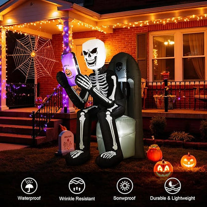 BLOOMWIN 6.1 FT Halloween Inflatable Outdoor Decoration Skeleton & Tombstone Halloween Inflatable Blow Up Yard Decorations with LEDs for Halloween Holiday Party Outdoor Garden Yard Lawn Indoor Decor