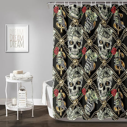 AILONEN Skull Shower Curtain for Boys,Gold Money Skeleton Bath Curtain for Decor,Luxurious Skull Print Shower Curtain with 12 Plastic Hooks,Waterproof 72" W*84" H