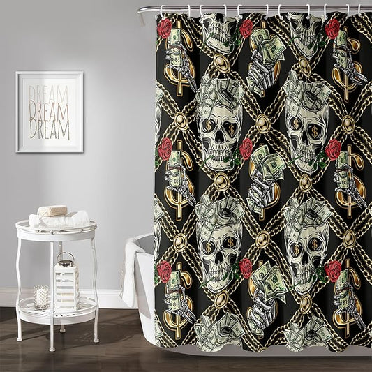 AILONEN Skull Shower Curtain for Boys,Gold Money Skeleton Bath Curtain for Decor,Luxurious Skull Print Shower Curtain with 12 Plastic Hooks,Waterproof 60" W*72" H