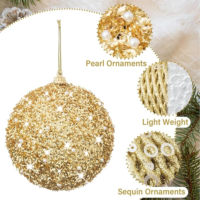 3.15" Christmas Ball Ornaments Glitter Shatterproof Christmas Tree Ornaments Sequin Xmas Hanging Balls Decorations for Wedding Party Holiday(Gold, 12pc-8cm)