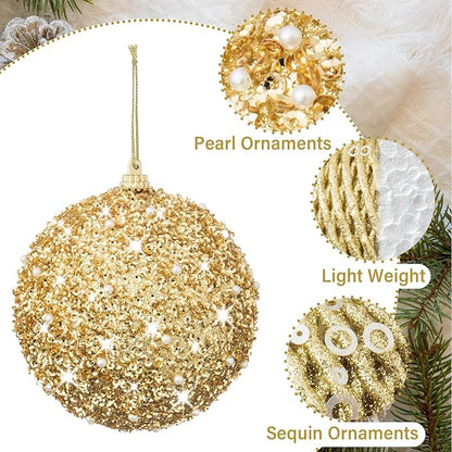 6pcs 3.94" Christmas Ball Ornaments Glitter Shatterproof Christmas Tree Ornaments Sequin Xmas Hanging Balls Decorations for Wedding Party Holiday(Gold, 6pc-10cm)