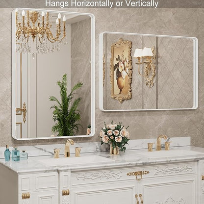 LOAAO 48x32 Inch White Metal Framed Bathroom Mirror for Wall, White Bathroom Vanity Mirror Farmhouse, Large Rounded Rectangle Mirror, Anti-Rust, Tempered Glass, Hangs Horizontally or Vertically