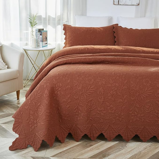 Brandream Queen Size Quilt Set Cotton Quilts Pumpkin Orange Farmhouse Bedding Set Matelasse Coverlet Set Scalloped Edge Quilts 3-Piece