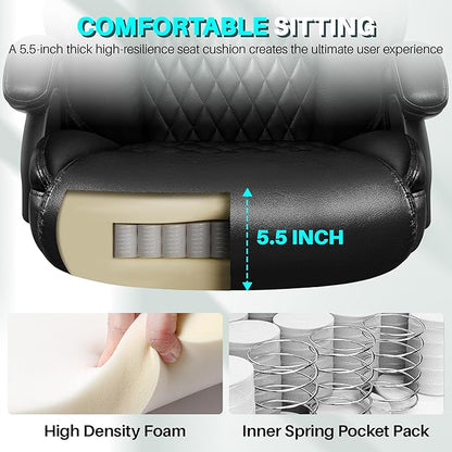 Big and Tall Office Chair 500lbs, Heavy Duty Executive Desk Chair with Adjustable Lumbar Support, Comfy Padded Cushion, Ergonomic PU Leather Home Computer Chair with Extra Wide Seat, Black