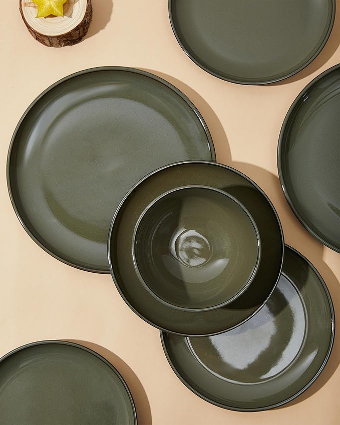 24 Piece Dinnerware Set for 8, Santorini Mist Terracotta Plates and Bowls Sets, Complete Stoneware Dish Set for Large Families and Entertaining, Microwave & Dishwasher Safe, Blackish Green