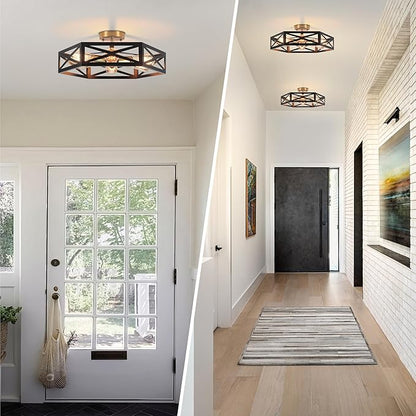 Kitchen Lighting Fixtures Ceiling,Farmhouse Flush Mount Ceiling Light with Metal Cage Modern Black and Gold Hallway Light Fixture Black Ceiling Light for Bedroom Bathroom Foyer 19.6 in