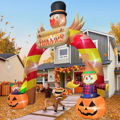12FT Thanksgiving Inflatable Archway with LED Light, Kalolary Giant Turkey Arch Inflatables Happy Thanksgiving Day Blow up Outdoor Decoartion Autumn Harvest Yard Inflatable for Lawn Holiday Home