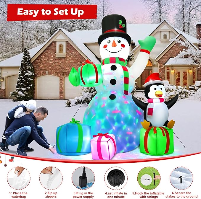 7 FT Christmas Inflatable Snowman Outdoor Decoration with Build-in Multicolor LEDs, Snowman with 4 Gifts Blow Up Inflatables Christmas for Yard Garden Lawn Xmas Holiday Decor