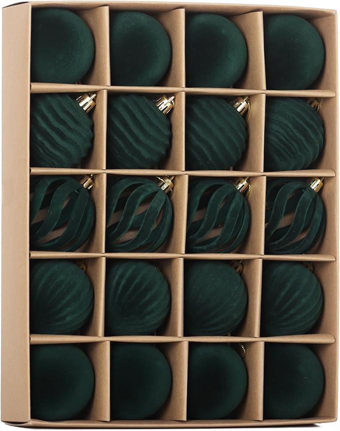 Senjie 20PCS Velvet Ornaments for Christmas Tree 2.36inch Flocked Christmas Balls Assortment for Xmas Tree Holiday Decor Deep Green