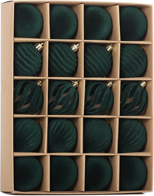 Senjie 20PCS Velvet Ornaments for Christmas Tree 2.36inch Flocked Christmas Balls Assortment for Xmas Tree Holiday Decor Deep Green