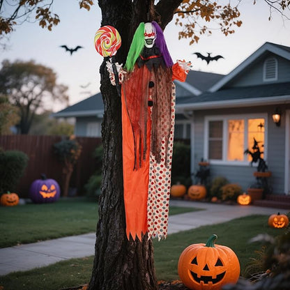 Prsildan Halloween Hanging Clown Decorations Outdoor Scary Animated Clown Halloween Props with Creepy Sound, Motion Activated, Red Light Up Eyes for Indoor Outside Yard Holiday Décor
