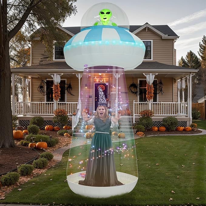 OurWarm 10 FT Halloween Inflatables Outdoor Decorations, Alien Blow Up Yard Decorations with LED Lights, UFO Inflatable Halloween Decorations for Outdoor Holiday Party Garden Lawn Decor