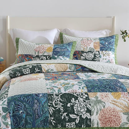 mixinni Sage Green Floral Quilt Set King Size, 100% Cotton Reversible Lightweight Bedspread, 3 Pieces Garden Style Patchwork Coverlet Set with 2 Matching Pillow Shams for All Seasons (106"x98")