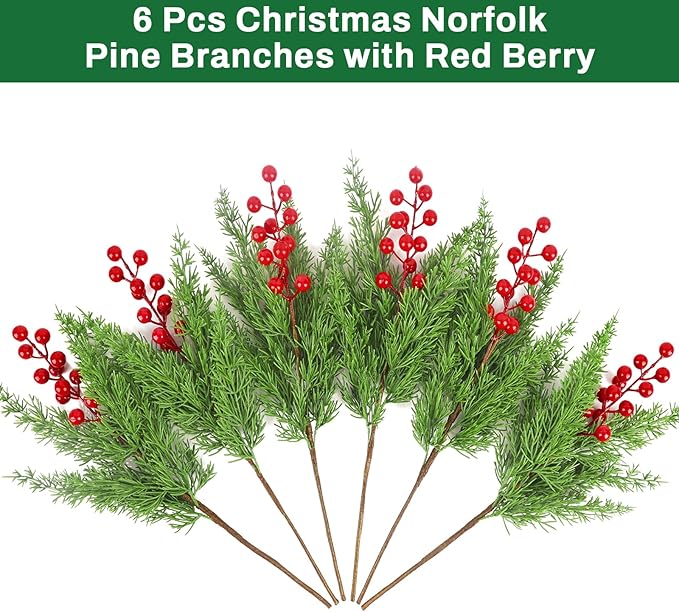 HOHOTIME 6 Pcs Christmas Artificial Pine Stems with Red Berry, 17.7 inch Faux Norfolk Cypress Leaves Branches for Christmas Decoration, Fake Foliage Pine Picks for DIY Craft Xmas Home Decor