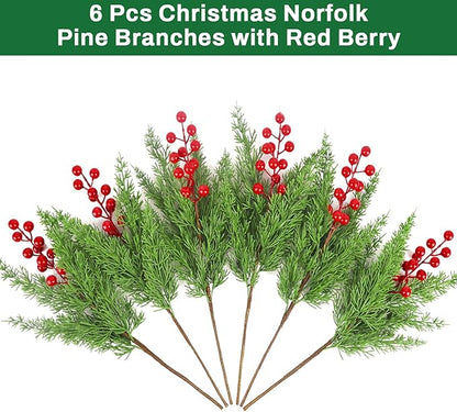HOHOTIME 6 Pcs Christmas Artificial Pine Stems with Red Berry, 17.7 inch Faux Norfolk Cypress Leaves Branches for Christmas Decoration, Fake Foliage Pine Picks for DIY Craft Xmas Home Decor