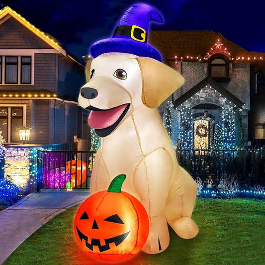 5Ft Halloween Inflatables Decorations Outdoor Vivid Lab Dog with Build-in Bright LED Blow Up Yard Decoration with Witch Hat Halloween Decorations Outdoor for Holiday Party Indoor Garden Lawn Home