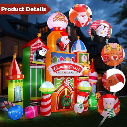 13.5 FT Tall Candy Castle Christmas Inflatables Outdoor Decorations, Blow Up Christmas Decorations with Built-in Rotating Light for Garden Lawn Xmas Decor