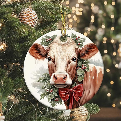 Christmas Cow Ornament Round Ceramic Ornament Xmas Keepsake for Christmas Tree Winter Holiday Xmas Gift for Women Men Xmas Hanging Ornament 3"