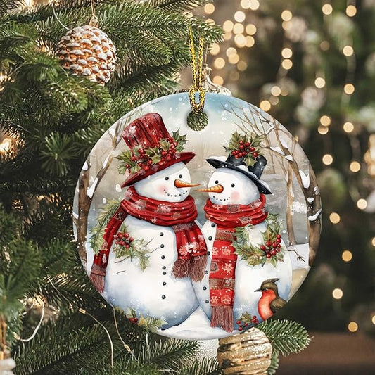 Snowman Couple Ornaments Winter Holiday Round Ceramic Colorful Hanging Ornament Christmas Keepsake Decor for Xmas Tree Winter Holiday Xmas Gift for Women Men 3"