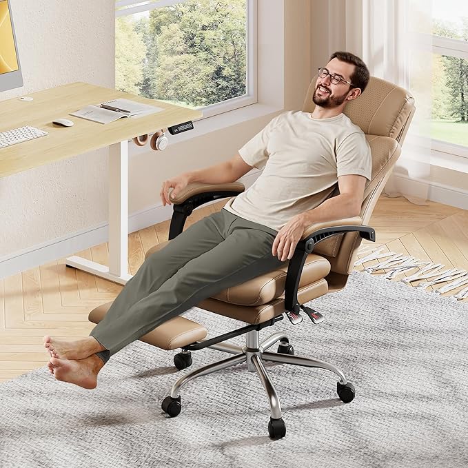 DEVAISE Executive Leather Home Office Chair with Footrest, High Back and Heavy Duty, Comfortable Big and Tall Ergonomic Desk Chair with Lumbar Support, Comfy Reclining, SGS Class 4 Gas Lift, Brown