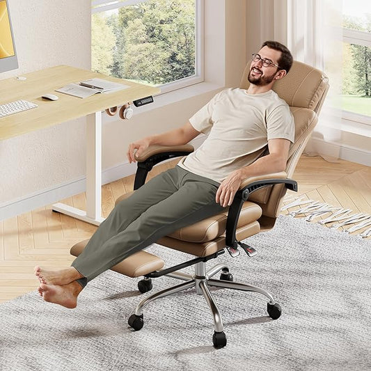 DEVAISE Executive Leather Home Office Chair with Footrest, High Back and Heavy Duty, Comfortable Big and Tall Ergonomic Desk Chair with Lumbar Support, Comfy Reclining, SGS Class 4 Gas Lift, Brown