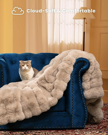 Ultra Soft Cozy Faux Fur Throw Blanket, Fuzzy Plush Thick Bubble Blanket, Oversize Luxury Fluffy Blanket for Couch, Sofa, Bedroom, and Living Room, 50x60 Inches, Light Brown