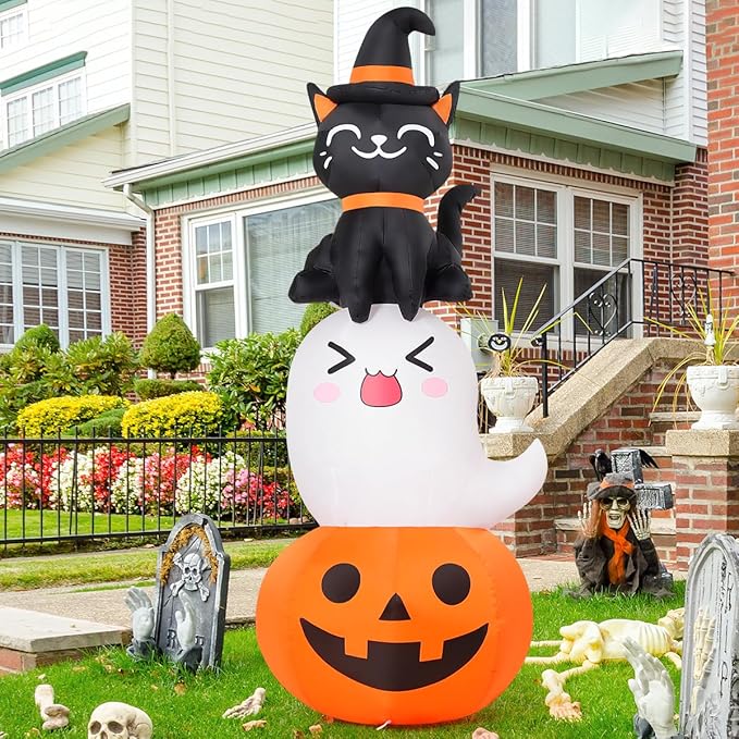 COMIN 6 FT Halloween Inflatables Pumpkin Ghost Cat Combo Outdoor Decorations Blow Up Yard with Built-in LEDs for Indoor Party Garden Lawn Decor