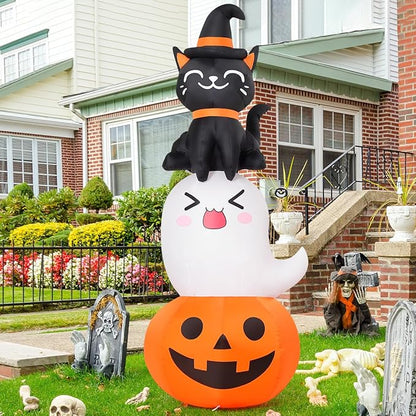 COMIN 6 FT Halloween Inflatables Pumpkin Ghost Cat Combo Outdoor Decorations Blow Up Yard with Built-in LEDs for Indoor Party Garden Lawn Decor