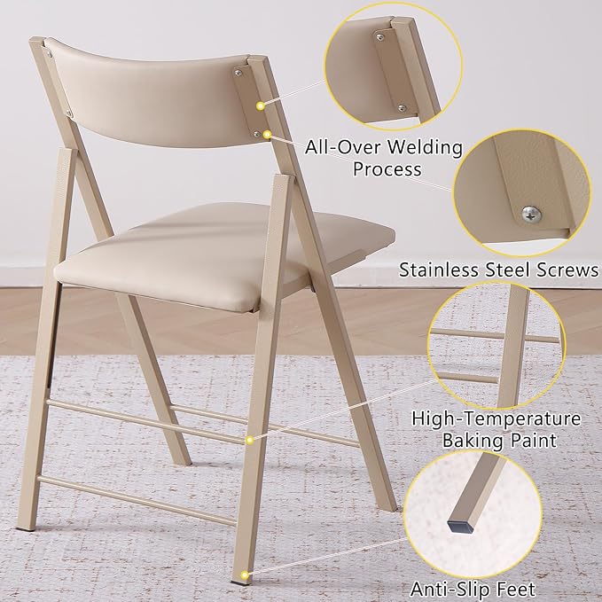 Folding Chairs with Cushion 2 Pack - Heavy Duty Steel Frame Foldable Dining Chairs, Waterproof Leather Indoor Outdoor Comfortable Folding Chairs for Home, Conference Rooms, Weddings, Events (Wood)