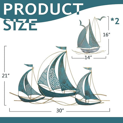 3 PCS Metal Wall Art Large Metal Sailboat Wall Decor, Metal Ship Wall Decorations, Large Metal Ship Wall Decor for Living Room, Bedroom, Modern Home Wall Sculpture for Office, Bedroom