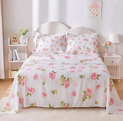 Full Size Bed Sheets Set White Pink Floral Bed Sheets Girls Cute Microfiber Cooling Sheets 4 Pieces Kids Full Bed Set Wrinkle Free, 15 inch Deep Pocket Fitted Sheet, Flat Sheet, Pillowcases
