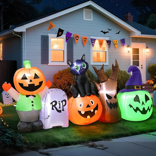 Halloween Inflatables Outdoor Decoration, Pumpkin/Tombstone/Black Cat/Ghost Tree, Cute Blow Up Yard Decor, for Outside Garage Door Graveyard Yard Porch Lawn (8.5ft Pumpkin+Black Cat)