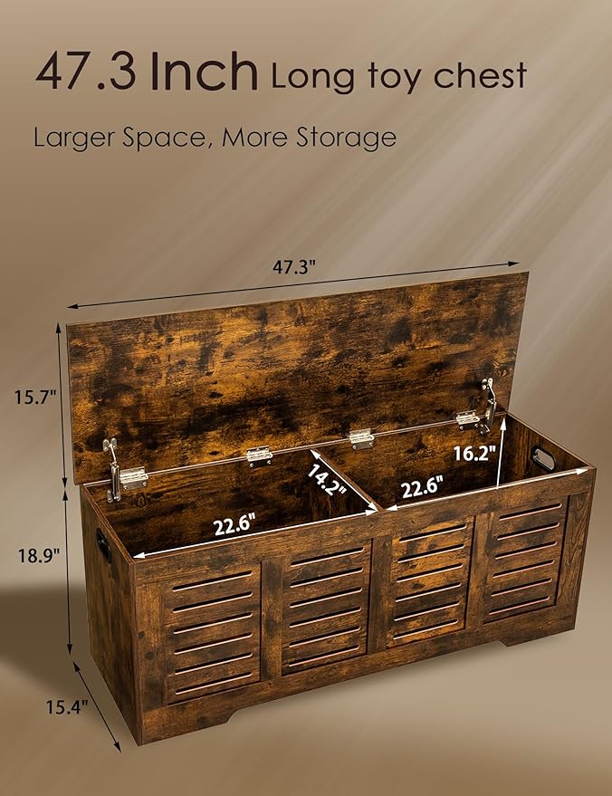 DINZI LVJ Storage Chest, 47.3” Wooden Toy Box with 2 Safety Hinges, Retro Entryway Shoe Storage Bench with Flip-Top, Sturdy Large Storage Trunk for Living Room, Bedroom, Easy Assembly, Rustic Brown