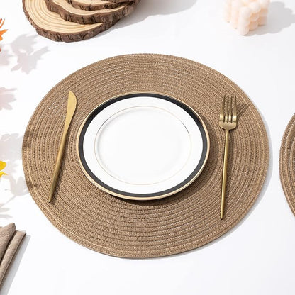 SHACOS Round Placemats Set of 4 Woven Braided Kitchen Table Placemats 15 inch Round Place Mats Washable Table Mats Indoor Outdoor, Brown