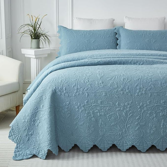 Brandream Queen Size Quilt Set Cotton Bedspread Matelasse Coverlet Set Lightweight Quilt Set Scalloped Edge 3-Piece