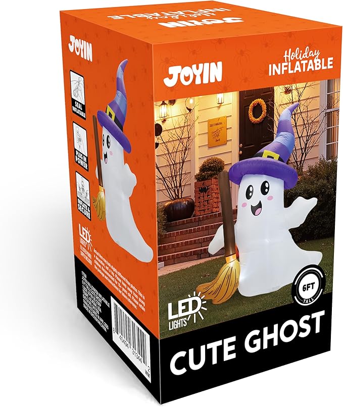 JOYIN 6 FT Tall Halloween Inflatables Ghost Outdoor Decorations, Cute Blow Up Ghost Holding Broom with LED, Blow Up Yard Decorations for Halloween Outdoor Yard Garden Lawn Party Decor