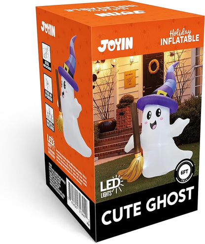 JOYIN 6 FT Tall Halloween Inflatables Ghost Outdoor Decorations, Cute Blow Up Ghost Holding Broom with LED, Blow Up Yard Decorations for Halloween Outdoor Yard Garden Lawn Party Decor