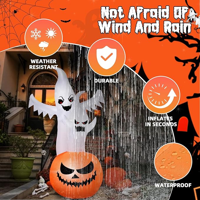 6FT Tall Halloween Inflatable Ghost&Pumpkin Inflatable Decoration with Build-in RGB Lights Blow Up Inflatables for Halloween Party, Yard, Garden, Lawn Decoration