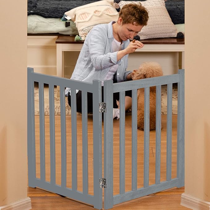 LZRS 2-Panel Wooden Free Standing Foldable Dog Gate – Solid Hardwood 24" High, Step-Over Safety Pet Gate for Doorways, Stairs & Small Spaces - Indoor Use, Grey