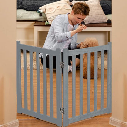 LZRS 2-Panel Wooden Free Standing Foldable Dog Gate – Solid Hardwood 24" High, Step-Over Safety Pet Gate for Doorways, Stairs & Small Spaces - Indoor Use, Grey