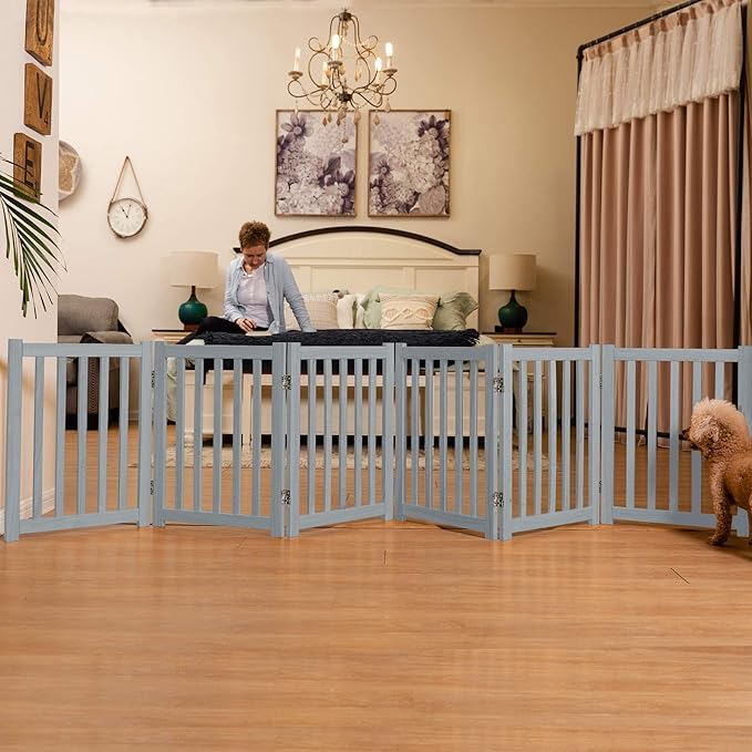 LZRS 6-Panel Extra-Wide Freestanding Wooden Dog Gate – 24”High Foldable Safety Pet Barrier for Doorways, Hallways, Kitchens, and Long Staircases, Durable Design fit Small to Medium Dogs, Grey