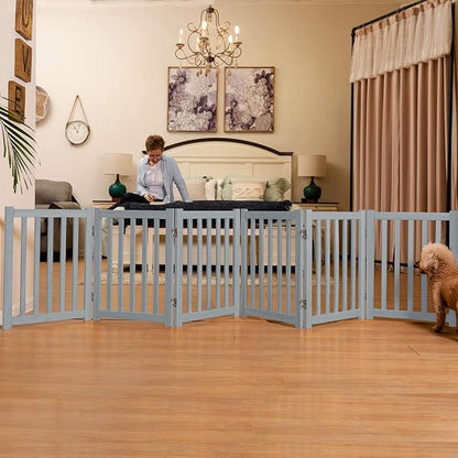 LZRS 6-Panel Extra-Wide Freestanding Wooden Dog Gate – 24”High Foldable Safety Pet Barrier for Doorways, Hallways, Kitchens, and Long Staircases, Durable Design fit Small to Medium Dogs, Grey