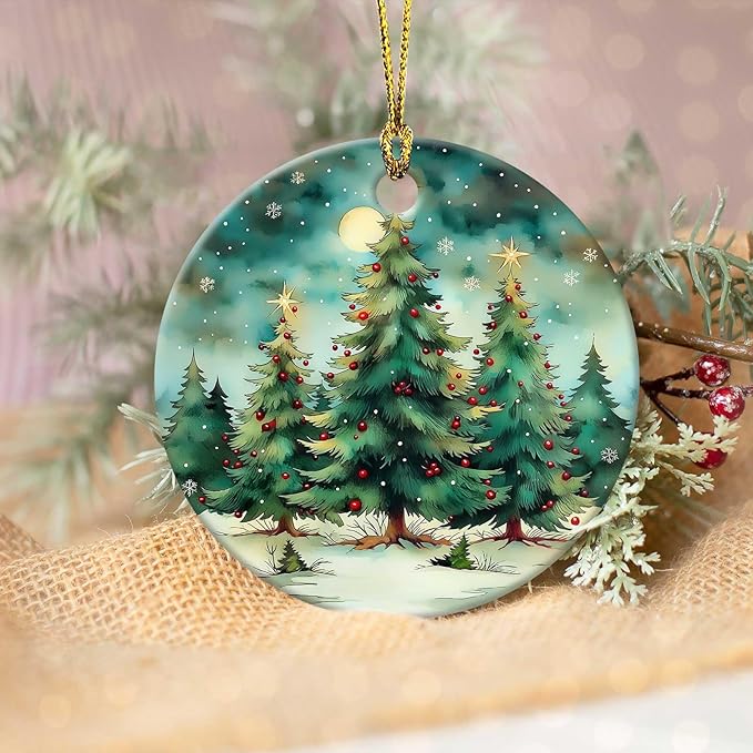 Christmas Tree Forest Ornaments Round Ceramic Ornament Christmas Keepsake Decor for Xmas Tree Winter Holiday Xmas Gift for Women Men Hanging Ornament 3"